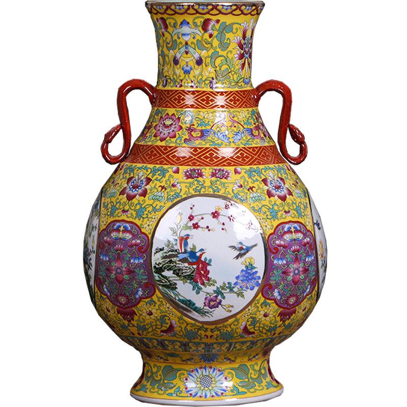 景德镇陶瓷花瓶仿古中式瓷器装饰品摆件工艺品珐琅彩开窗花鸟福筒