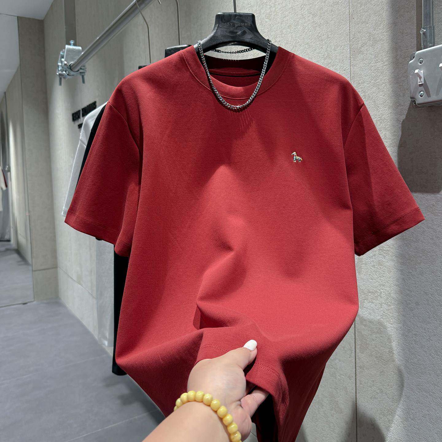 冬季新款vintage风短袖男个性前后彩色小马刺绣图案宽松红色T恤衫