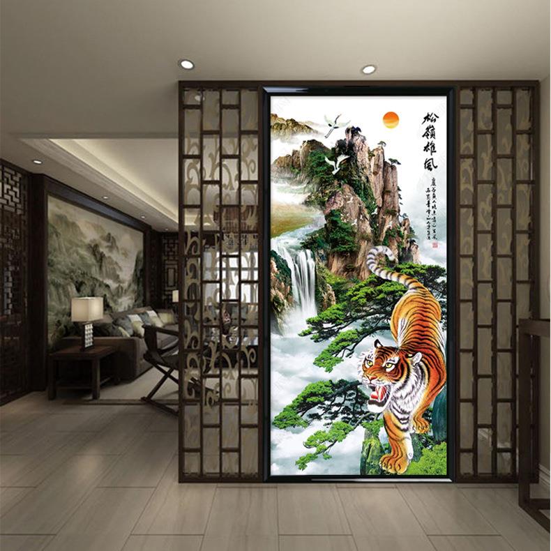 青飞老虎十字绣松岭雄风玄关竖版满绣大副猛虎下山气吞山河钻石画