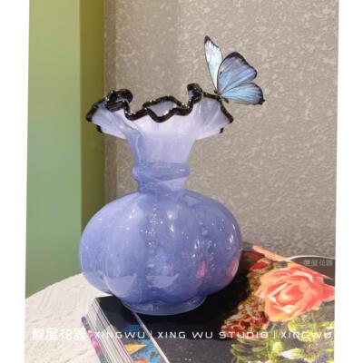 中古紫色芬顿风手工玻璃花瓶法式覆古风插花器玫瑰瓶轻奢家居摆饰