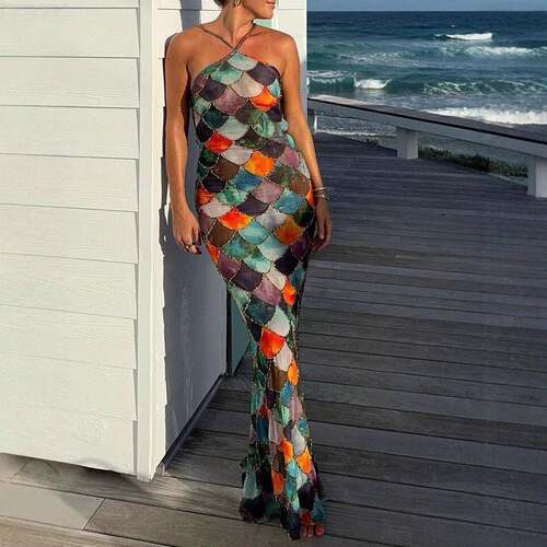 Womens All Over Print Halter Neck Dress Fashion Casual
