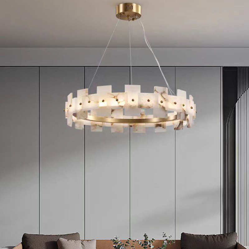 吊灯酒店卧室铜灯餐厅现代设计师云石中式个性客厅全圆形 led新灯