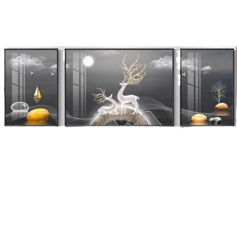 山水三联画客厅装饰画客厅挂画晶瓷画禅意水墨沙发背景画组合壁画