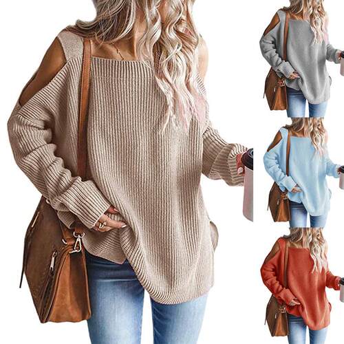 Strap long sleeved off shoulder pullover sweater knitted