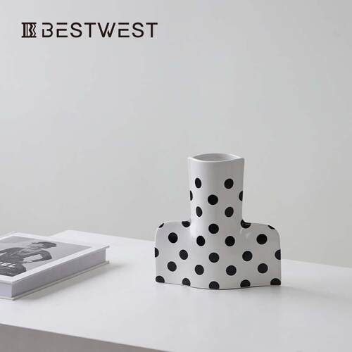 Best west 黑白条纹圆形釉面陶瓷花瓶摆件ins法式家居客厅花器轻