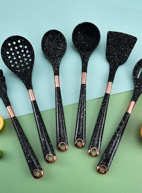 黑色喷点硅胶厨具七件套厨房烹饪汤勺不粘锅铲子配旋转收纳架套装