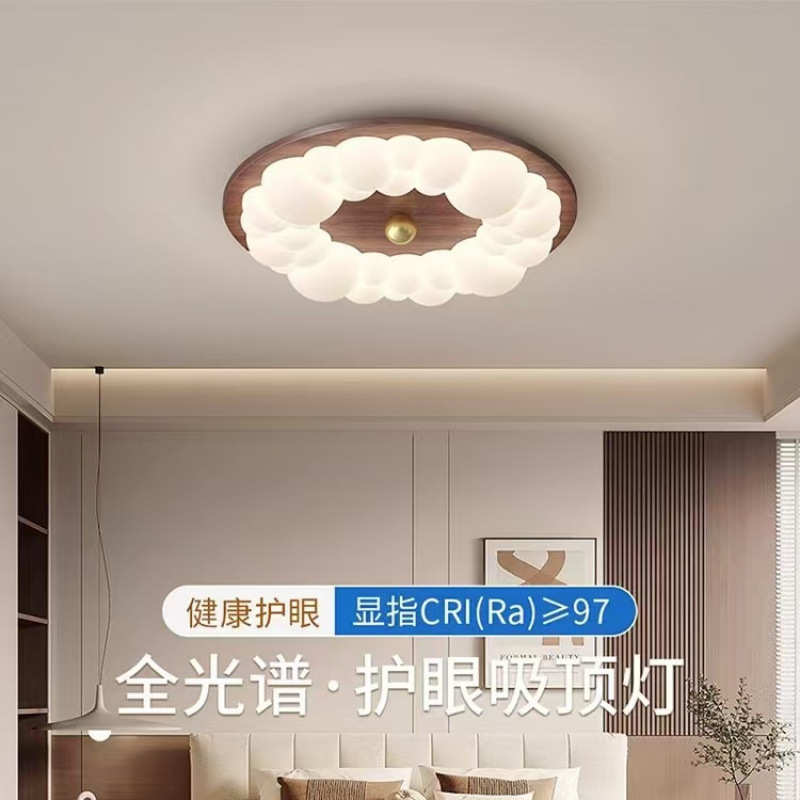 中古奶油风卧室灯吸顶灯复古胡桃木色隐形静音风扇灯餐厅护眼灯具
