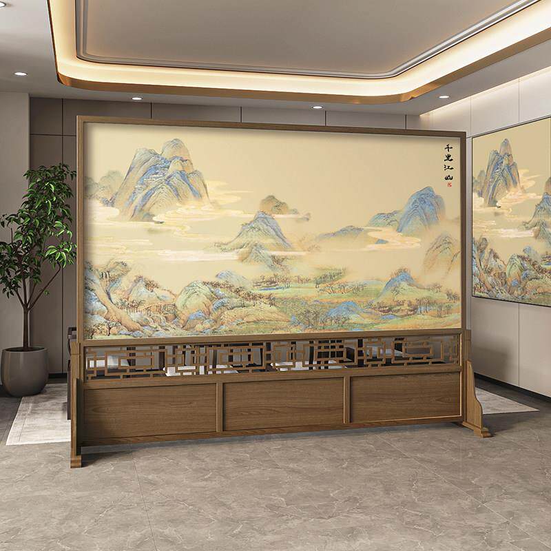 实木屏风隔断客厅高端新中式千里江山办公室酒店大厅会议室玄关