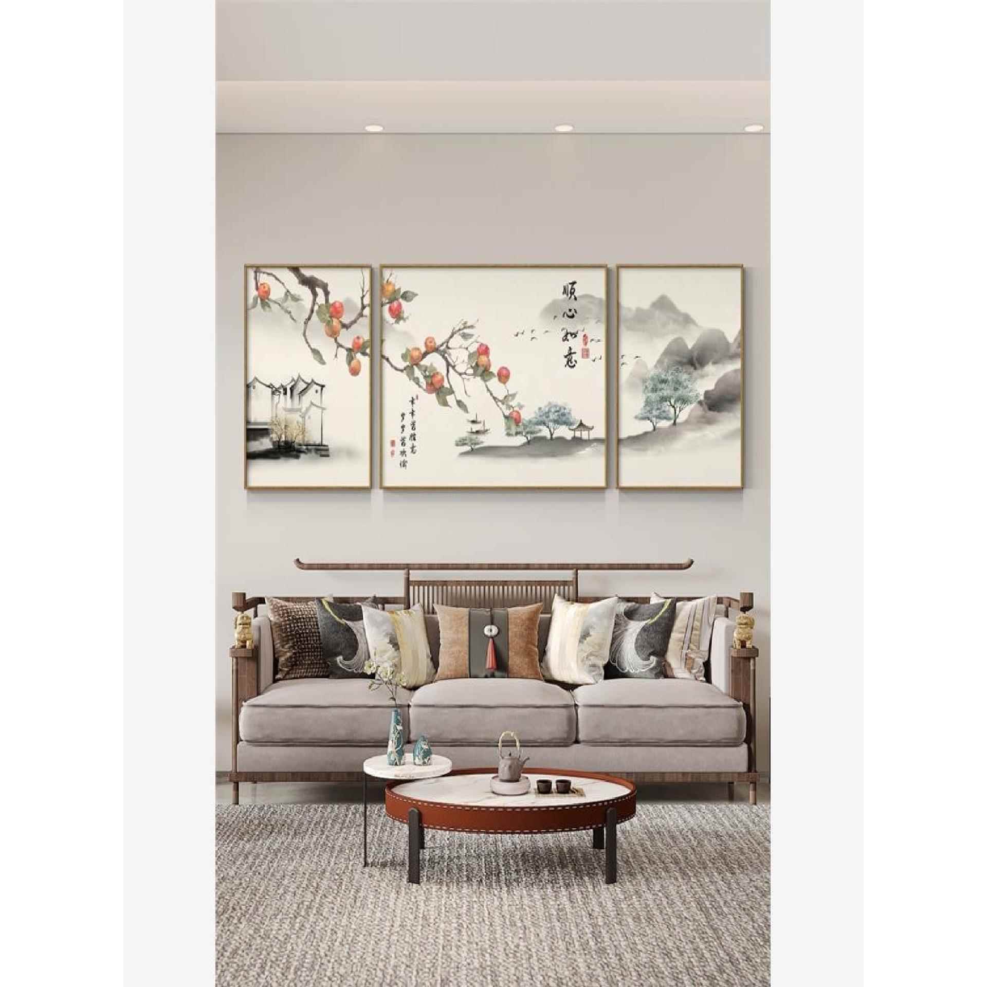 新中式客厅装饰画沙发背景墙挂画顺心如意水墨风景国画大三联壁画