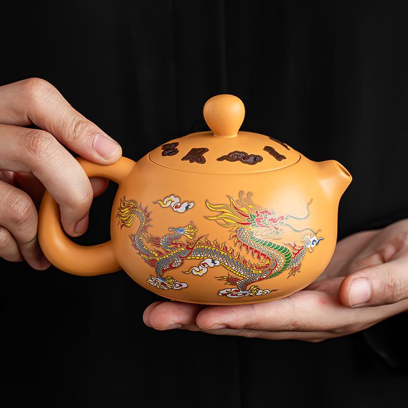 预热变色紫砂四方貔貅石瓢壶龙凤呈祥功夫泡茶壶黄段泥家用小套组