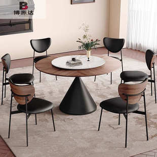 复古风实木圆形餐桌古风胡桃木拼花餐桌椅组合小户型家用极简圆桌