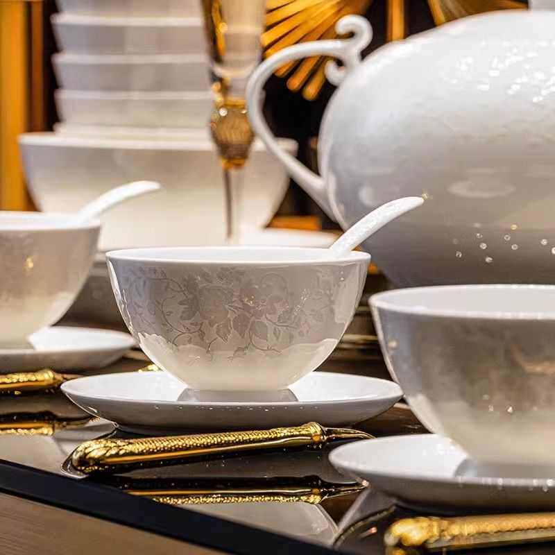 景德镇纯白瓷高温釉下彩餐具套装2024新款碗盘套装家用陶瓷碗碟