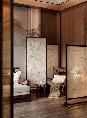 中式实木屏风隔断客厅读书角遮挡装饰移动竹子鸟玄关宋代美学座屏