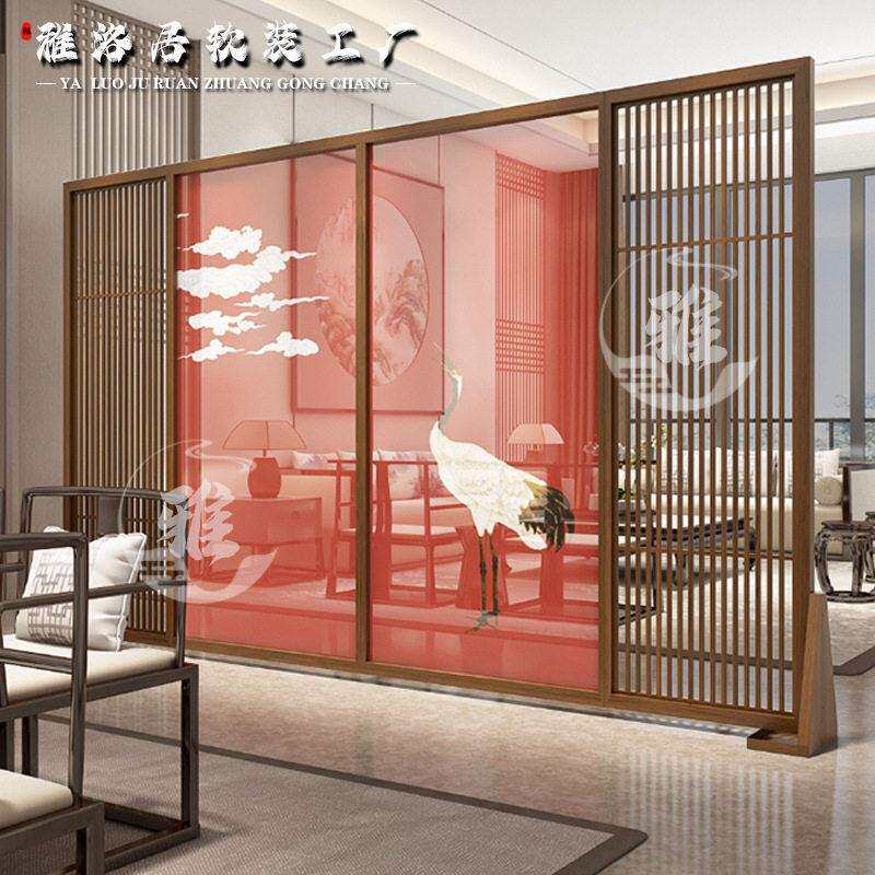 新中式客厅餐厅隔断半透明花鸟实木屏风现简约茶室圆形装饰灯画