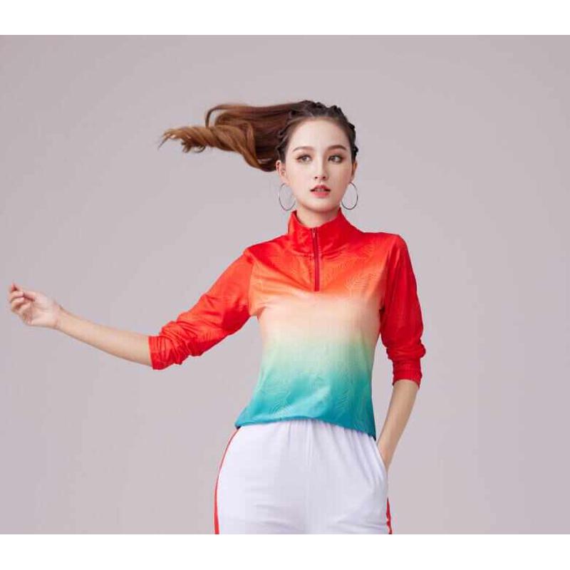 春季色新款撞服装闲干休套装渐变女速团队广场衣服舞表演羽毛时尚