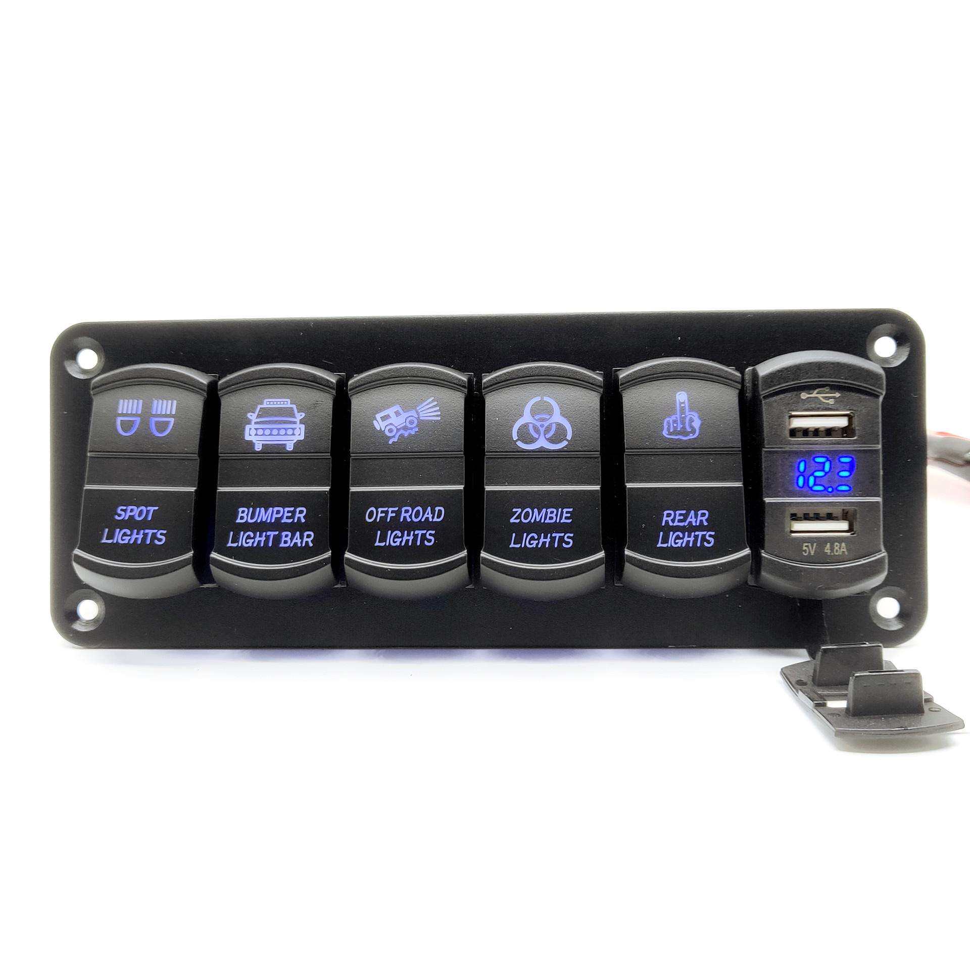 新品6组拨动摇杆船形开关面板双USB4.8A汽车船舶改装开关12V用