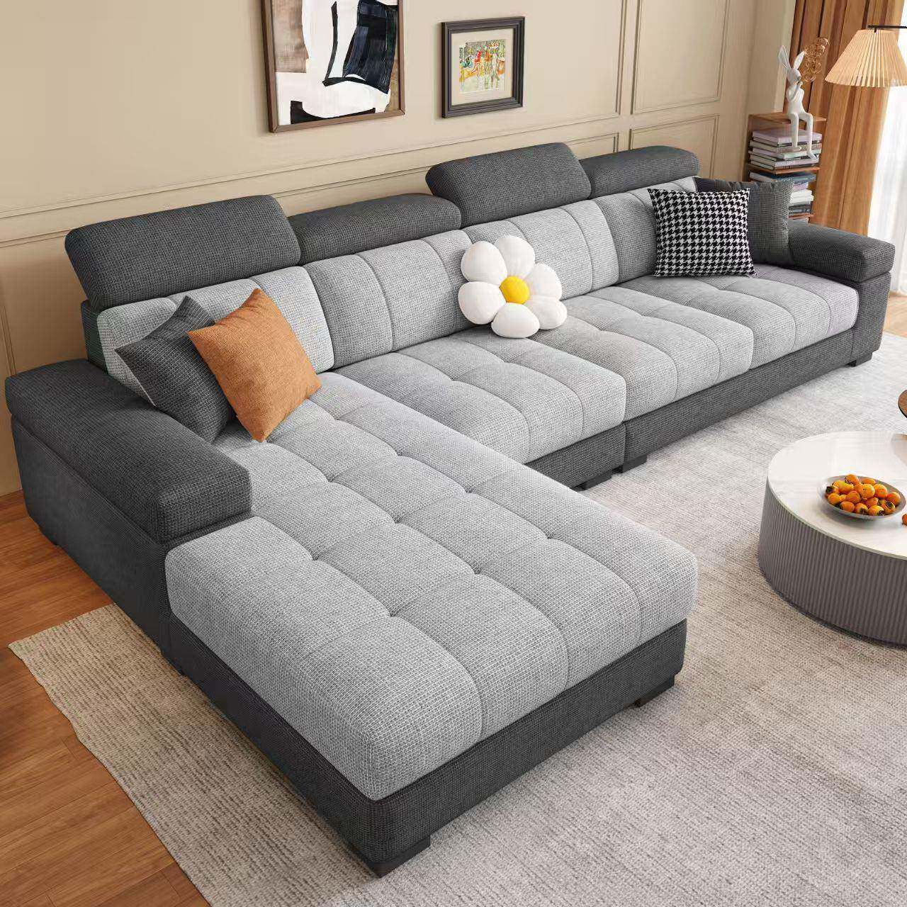 棉麻布艺沙发科技布双拼色简约现代大小客厅可调节猫抓布贵妃