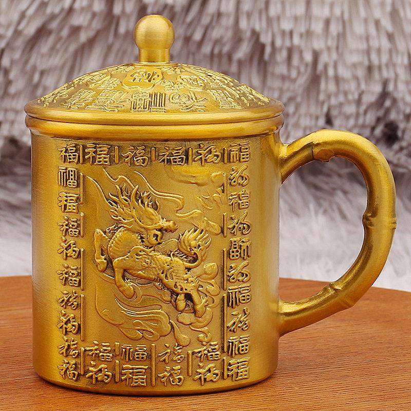 黄铜麒麟百福茶杯家居新中式桌面装饰带盖茶缸金属摆件工艺品
