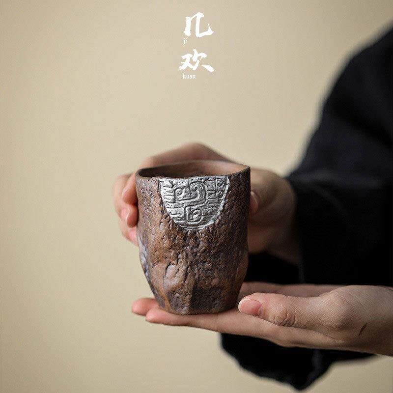 几欢鎏银图腾主人杯复古粗陶品茗杯功夫茶杯手工陶瓷茶具个人单杯