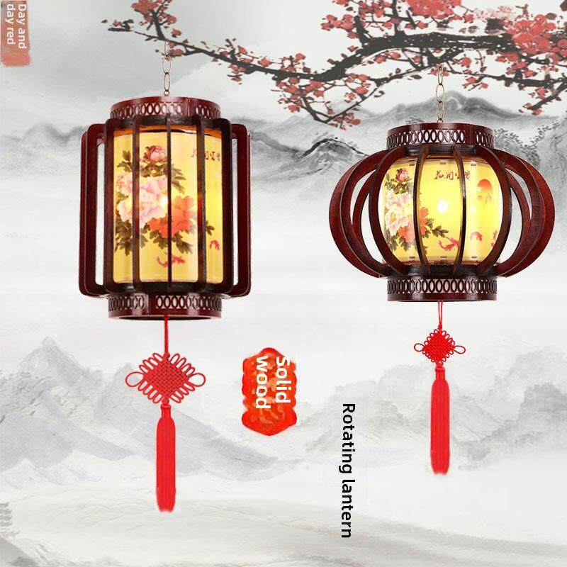 新年实木旋转灯笼客厅阳台入口装饰彷古典电新型中式吊灯木制宫灯