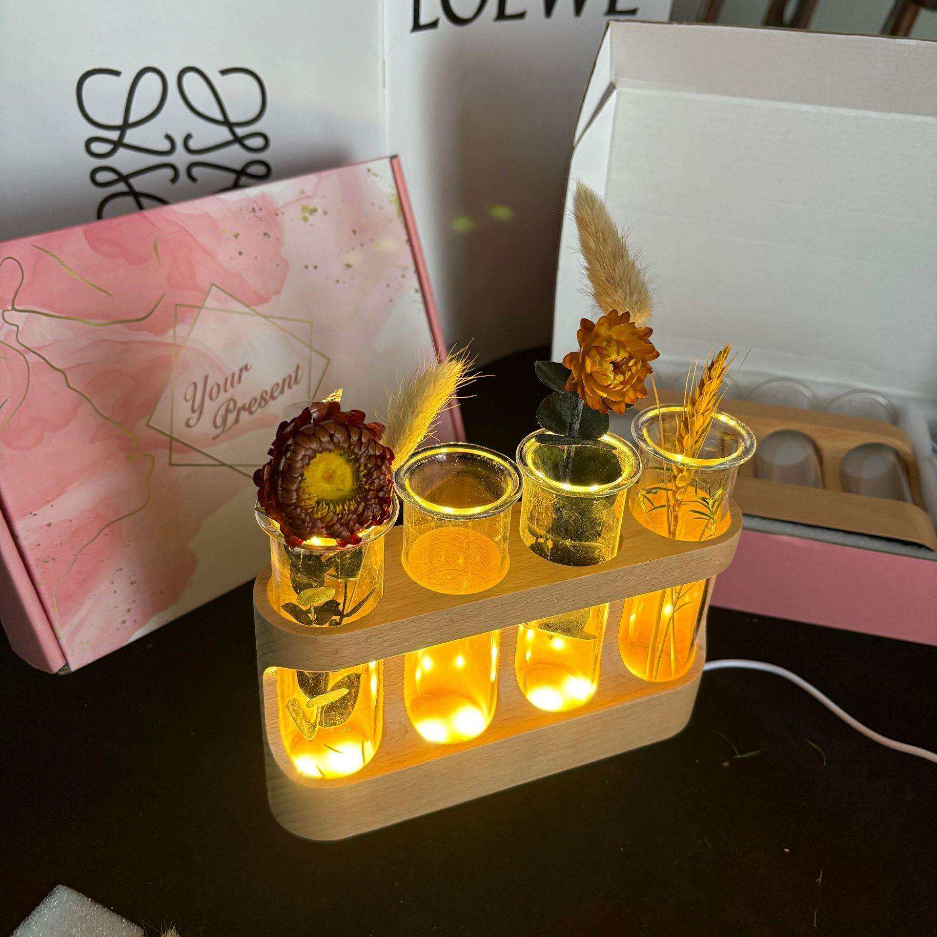 榉木座木质插花摆件木水植物水培器办公室桌面灯饰品实木发光底座