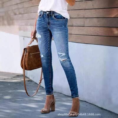 Women Elastic Washed Slim Ripped Skinny Jeans Casual