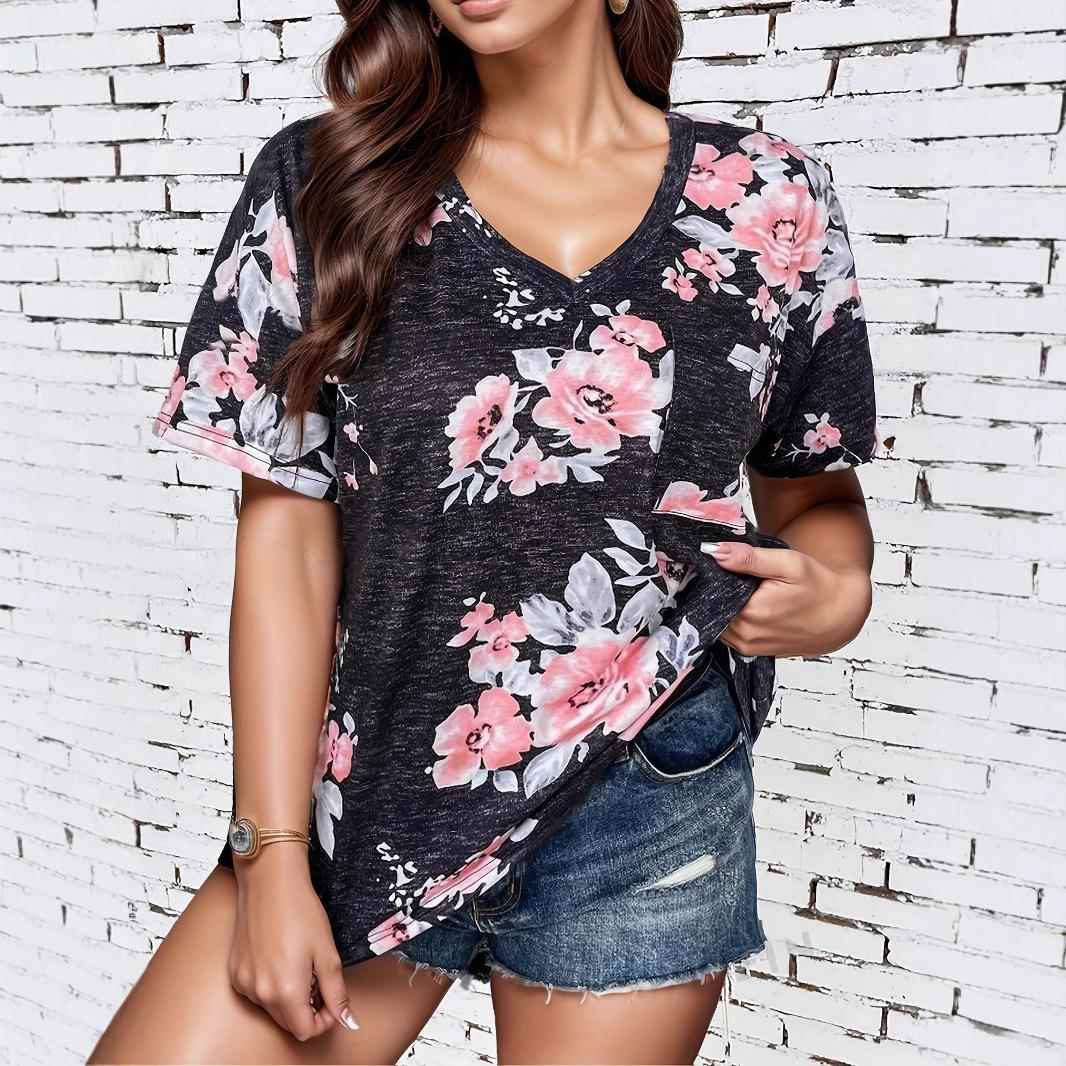 Fashion floral V-neck women's loose short sleeves