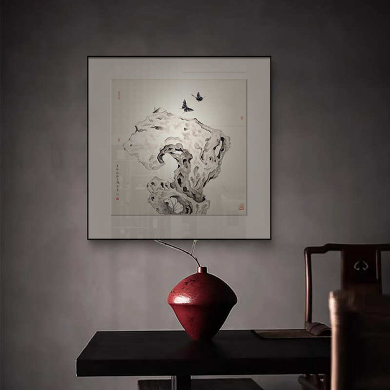 新中式正方形玄关客厅装饰画酒店餐厅茶室挂画太湖石竹子禅意壁画图片