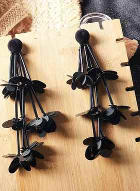 韩国网红街拍黑色花团锦簇流苏耳环纯手工夸张长款耳坠耳夹耳饰