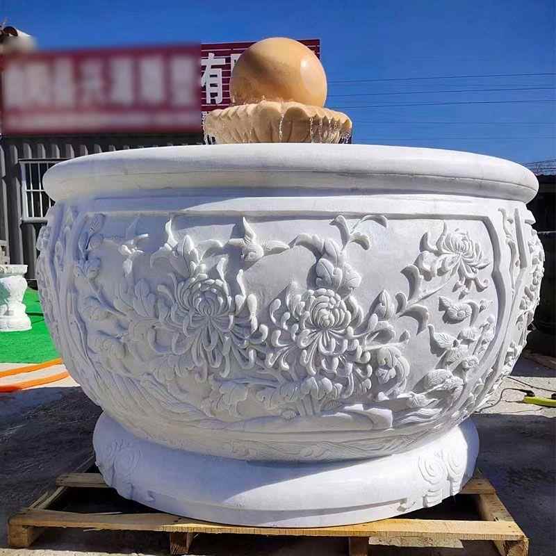 石雕汉白玉鱼缸花盆户外圆形石头盆荷花缸别墅门海石缸养鱼摆件