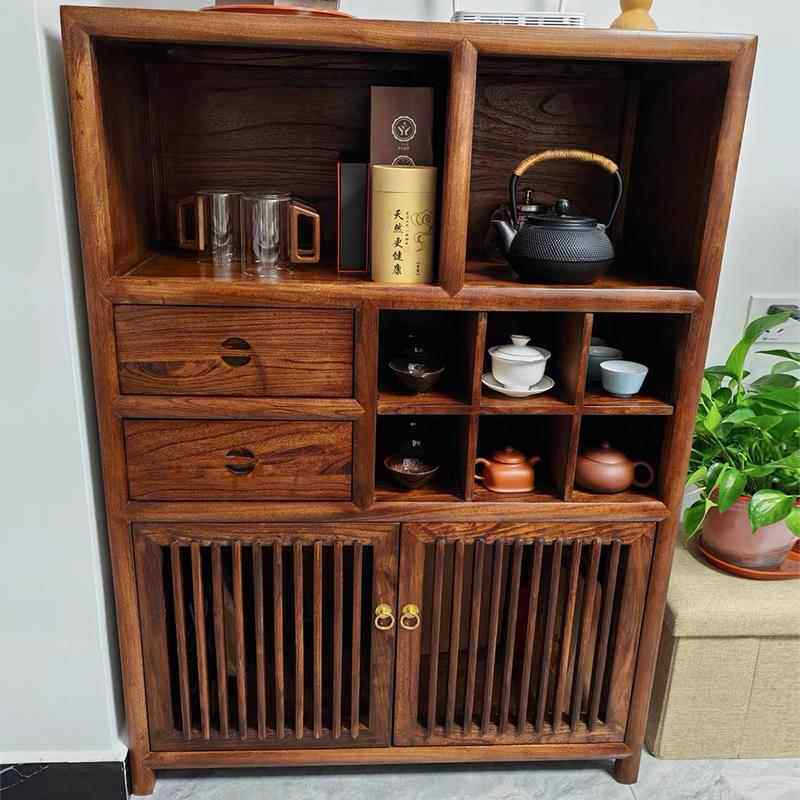 新中式榆木胡桃木色禅意博古架置物架茶叶柜展示柜收纳茶室茶水柜