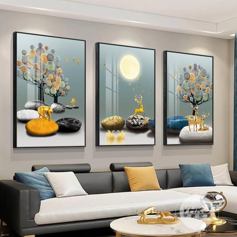 客厅装饰画九鱼图现代简约沙发背景墙面挂画寓意好壁画三联画墙画图片