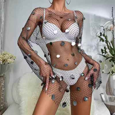 Sexy fishnet dress with sequined pendants