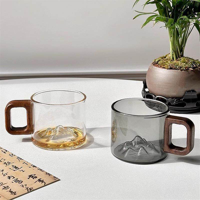 玻璃木柄小茶杯中式观山迷你泡茶杯耐高温家用高级感喝水杯品茗杯