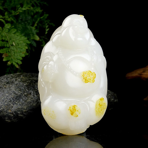 【有福相伴】洒金皮和田玉俏色巧雕立体弥勒笑佛把件123.77g
