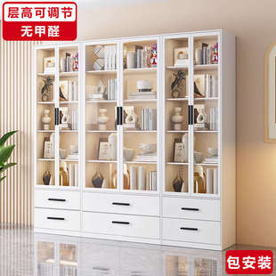钢制书柜带玻璃门家用防尘客厅现代简约落地铁艺书架组合展示柜子