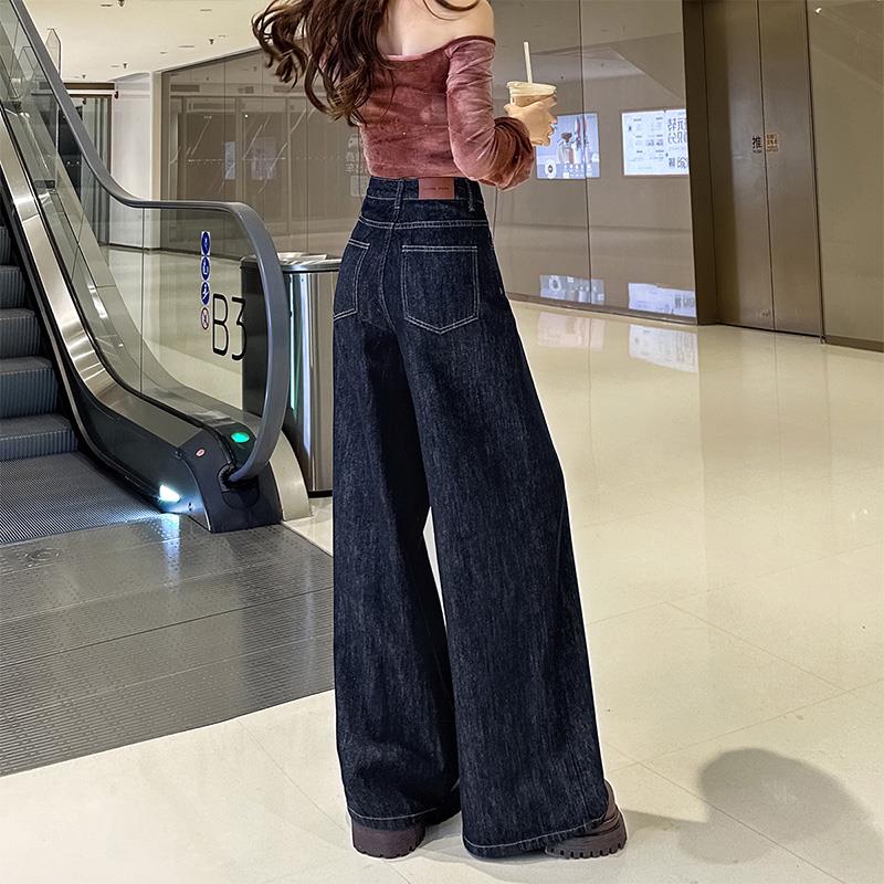 深蓝色阔腿牛仔裤女2025夏季新款高腰宽松a版休闲 裤垂感拖地长裤