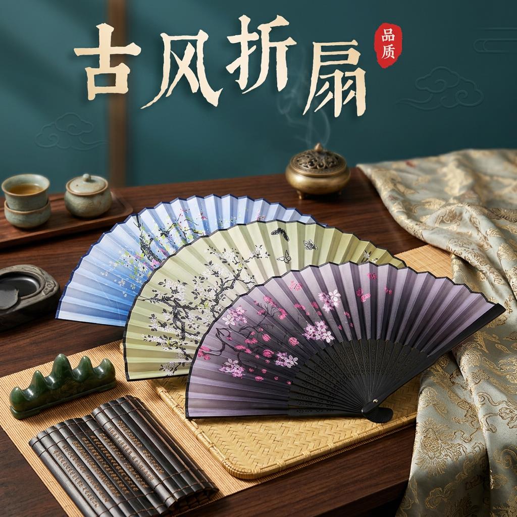 折扇古风夏季可携式中国风舞蹈女扇竹质绢布扇和风日式扇子舞蹈扇