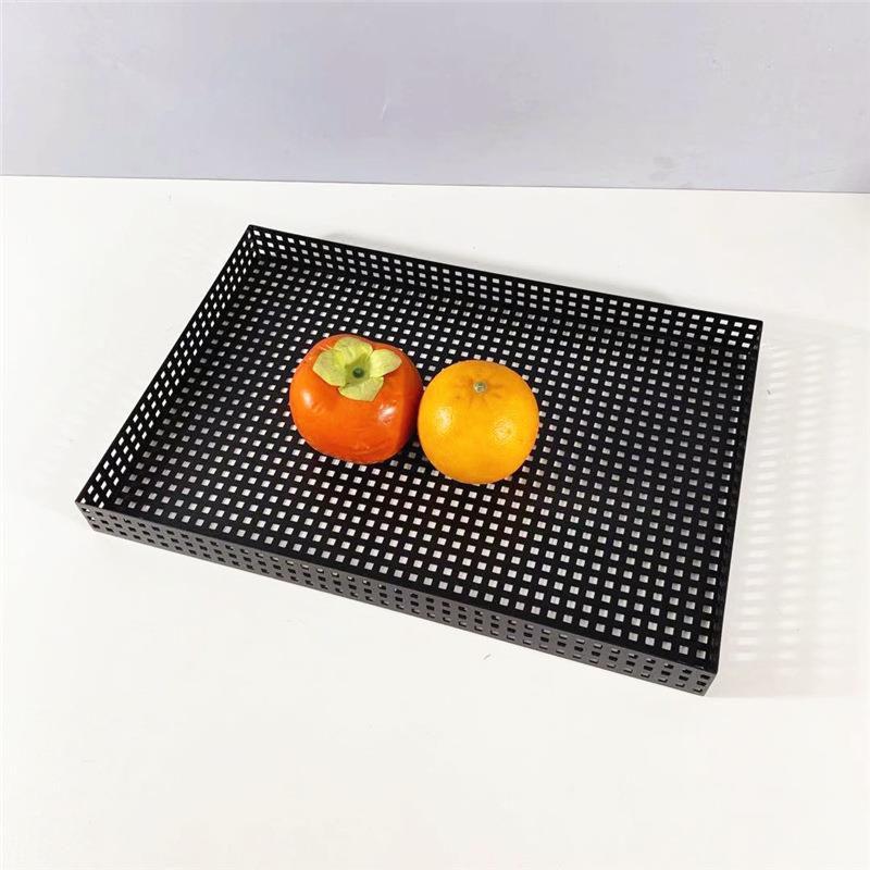 现代简约镂空托盘长方形黑色金属客厅茶几茶盘装饰摆件软装饰品