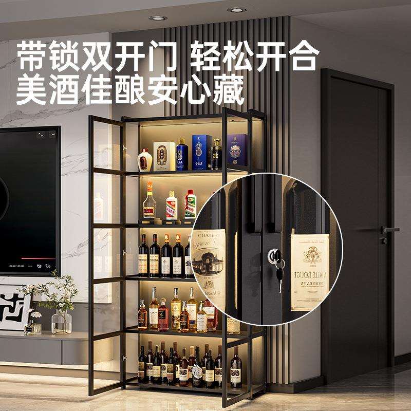 带锁酒柜一体柜靠墙储物柜自带灯条家用客厅红酒展示柜隔层柜落地