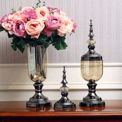 欧式客厅水晶玻璃透明花瓶花器仿真花美式装饰品餐桌电视柜摆语苏