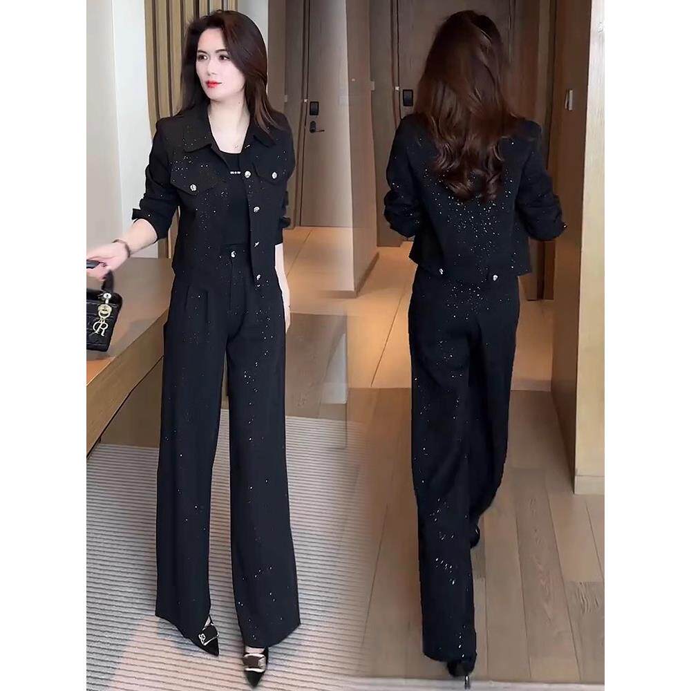 香港代购时尚休闲套装女春季显瘦穿搭一整套短款外套阔腿裤两件套