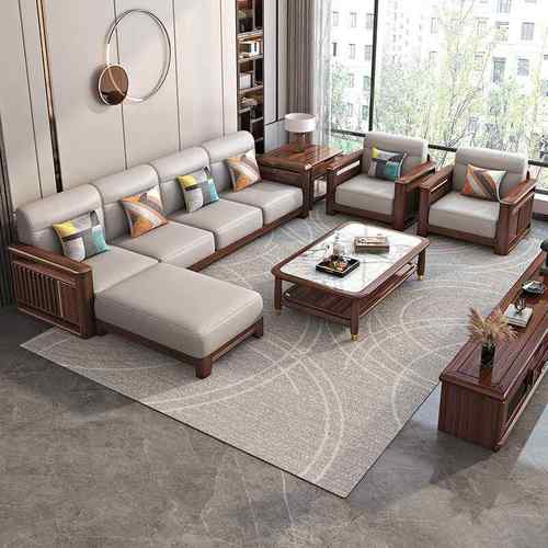胡桃木实木沙发新中式客厅简约现代小户型猫爪皮木质沙发组合家具