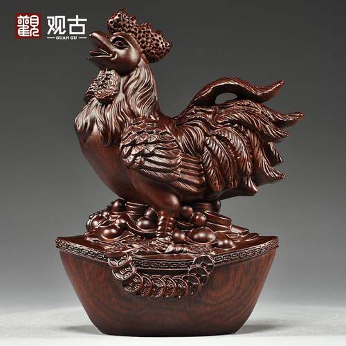 黑檀木雕鸡摆件三合十二生肖木鸡家居客厅补角吉祥物装饰手工艺品