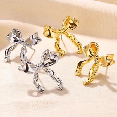 Gold Color Earrings For Women Bow Stud Nail EarringCute Jewe