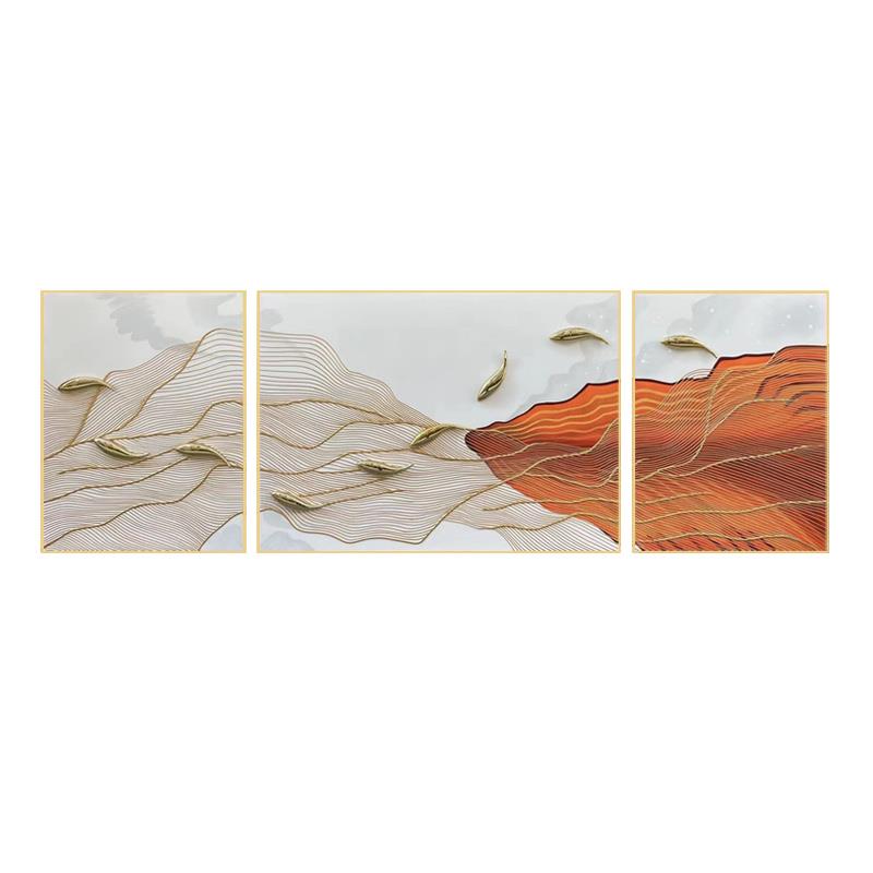 高档原创手绘油画轻客厅新沙发背景墙装饰画现奢三联画中式代九鱼图片