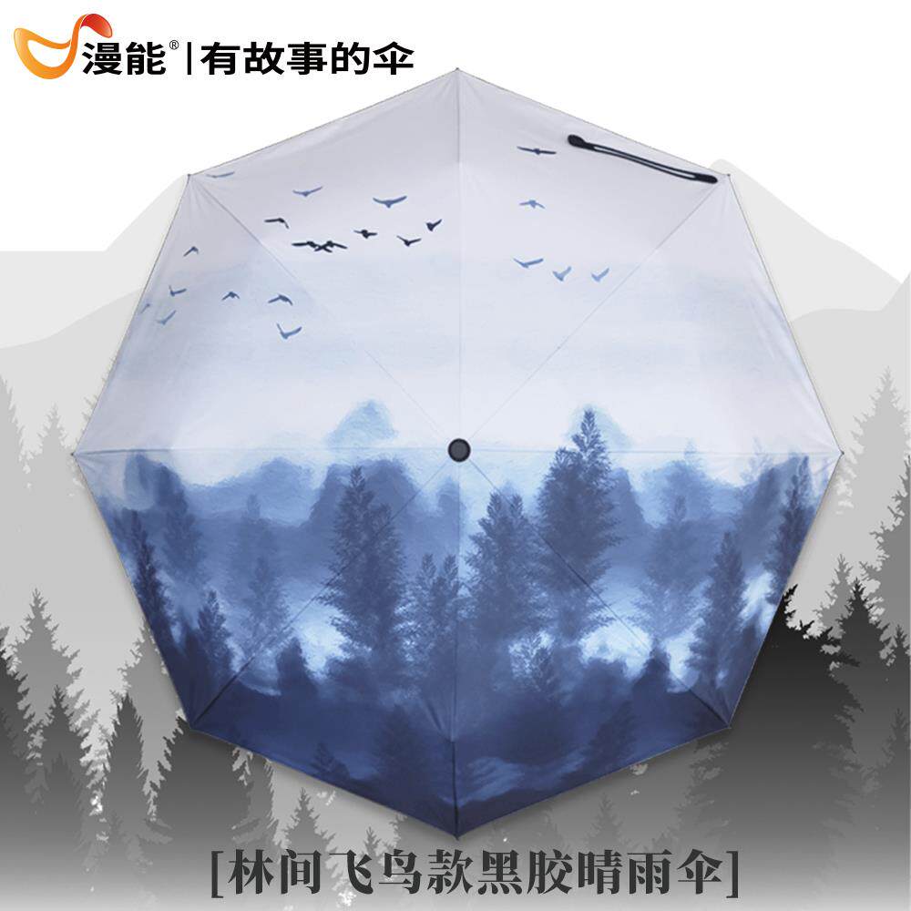 正品漫折叠插画三折晴雨伞森能系简约士男大黑胶晒防遮阳文艺伞