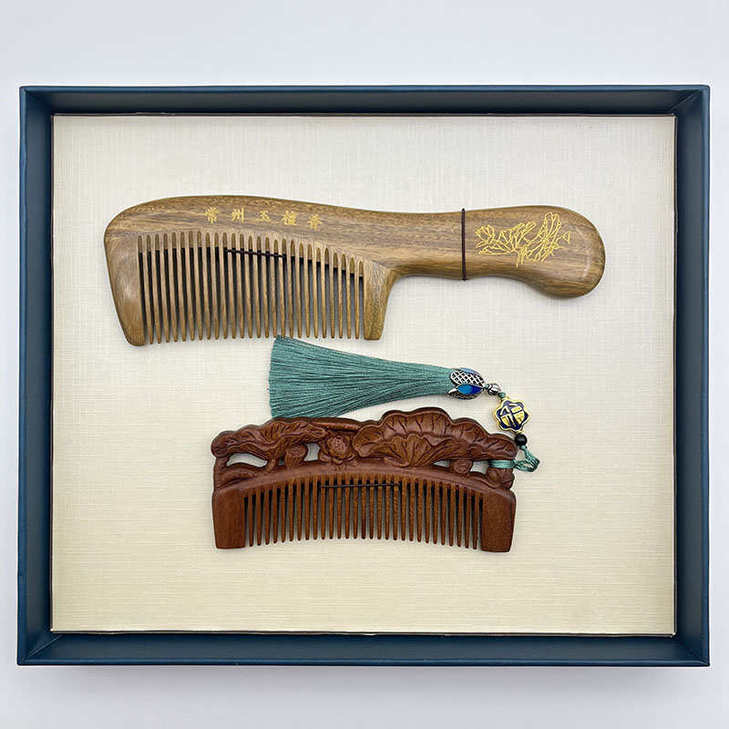 常州梳篦礼盒木梳绿檀木花梨木两件套双面雕刻送挂穗纸盒装刻字