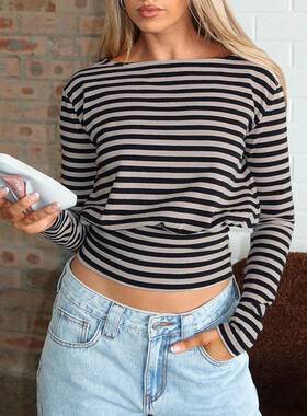 Striped One Shoulder Long Sleeve Top Stylish Women's Casual