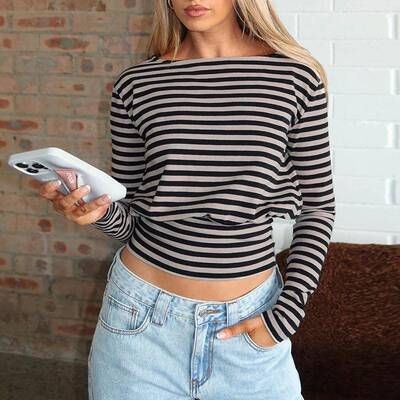 Striped One Shoulder Long Sleeve Top Stylish Women's Casual